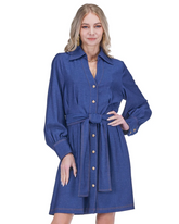 Collar Waist Pleated Shirtdress - Denim