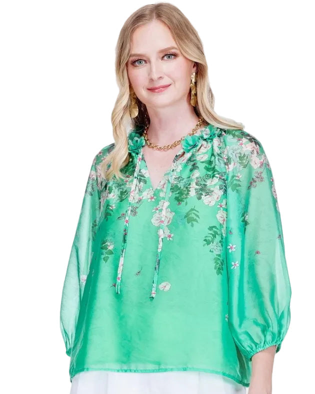 Dimensional Flowers Top - Emerald Bloom