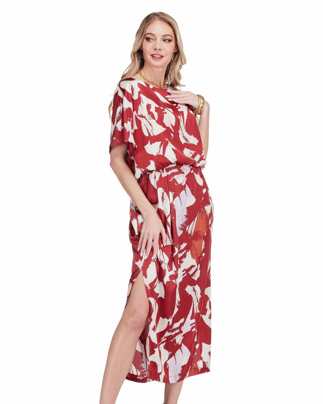 Blouson Cinched Waist Midi Dress - Scarlet Grace