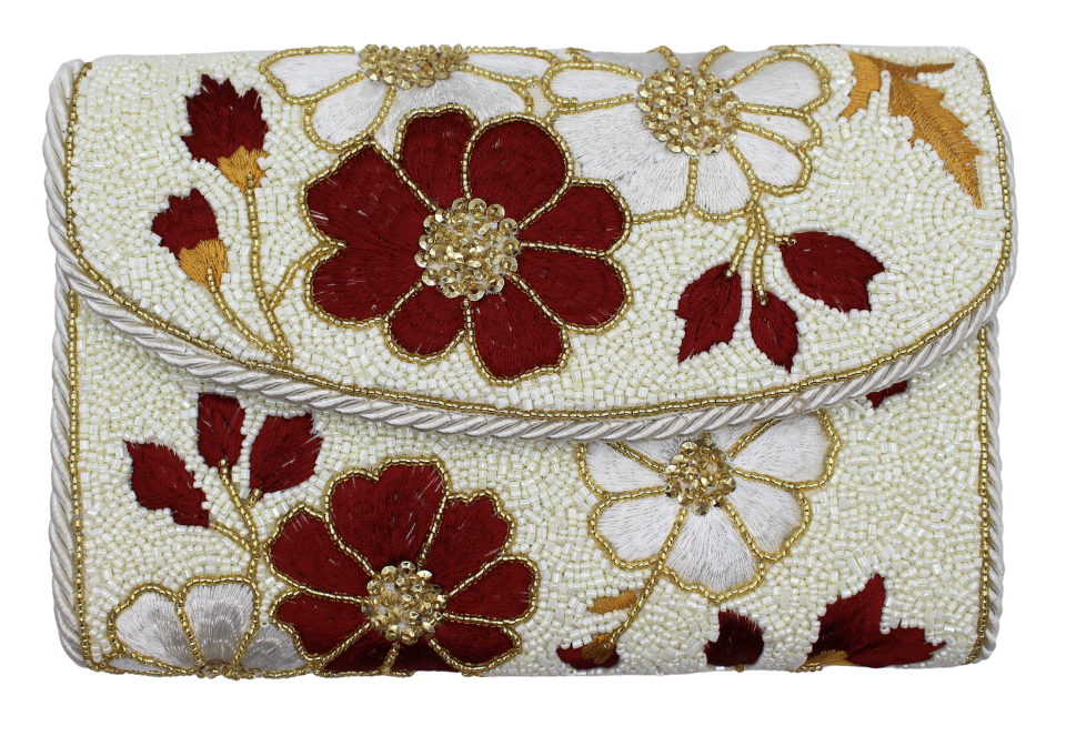Burgundy Floral with Rope Trim Beaded Clutch