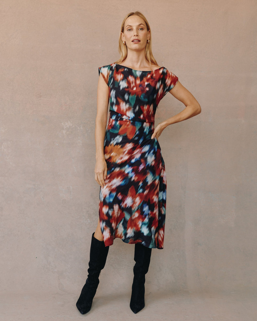 Boat Neck Cap Slv Midi Dress