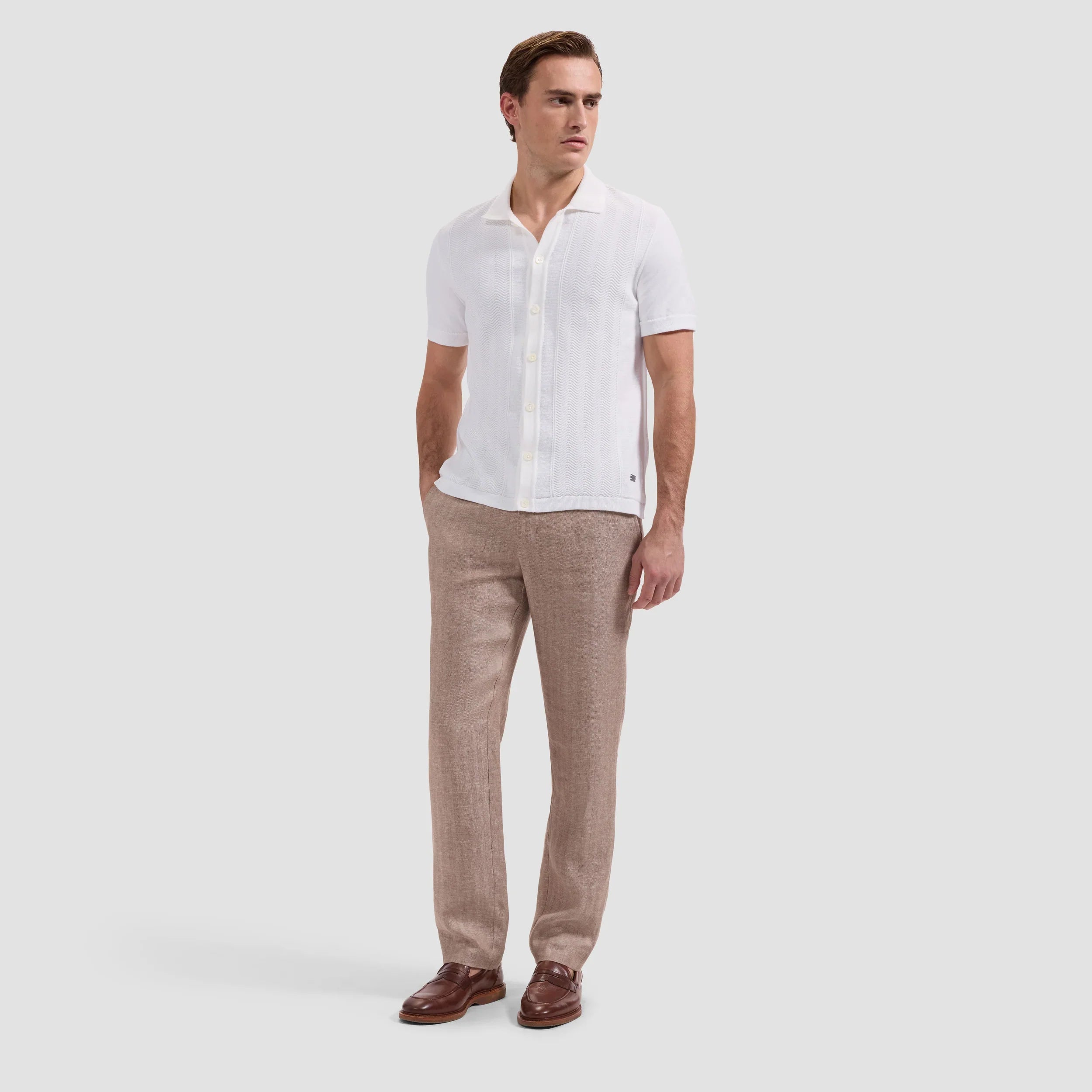 Chevron Button-Front Short-Sleeve Polo Sweater  - Chalk