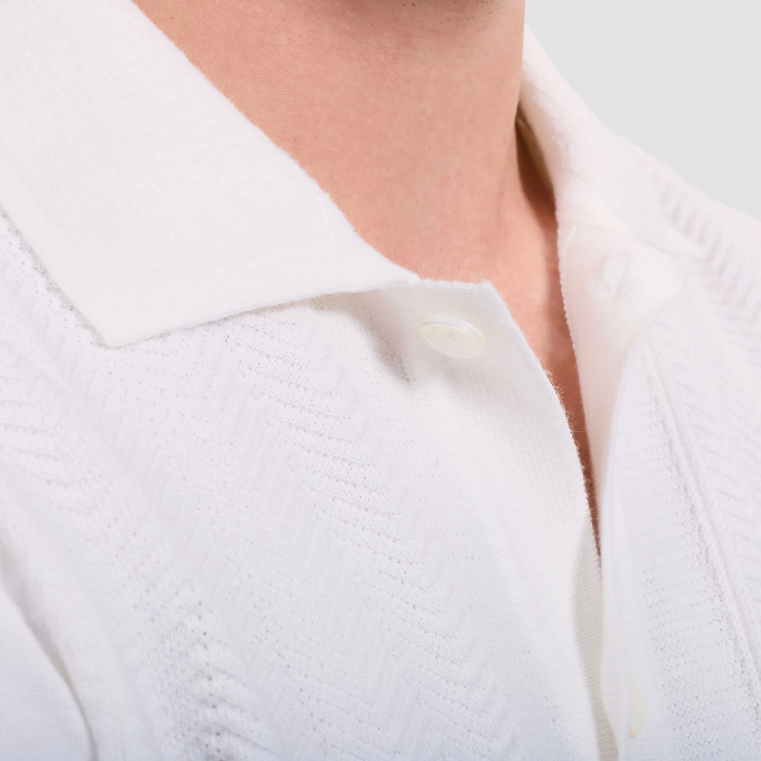 Chevron Button-Front Short-Sleeve Polo Sweater  - Chalk
