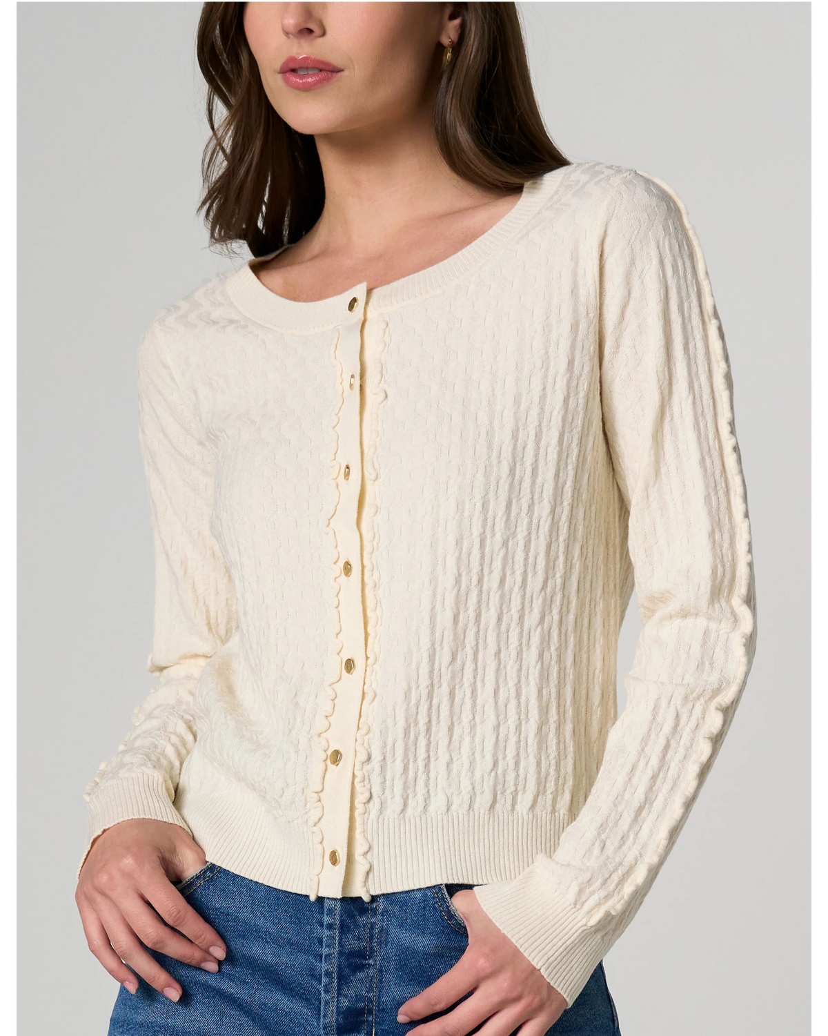 Button Front Cardigan Sweater w/Ruffles