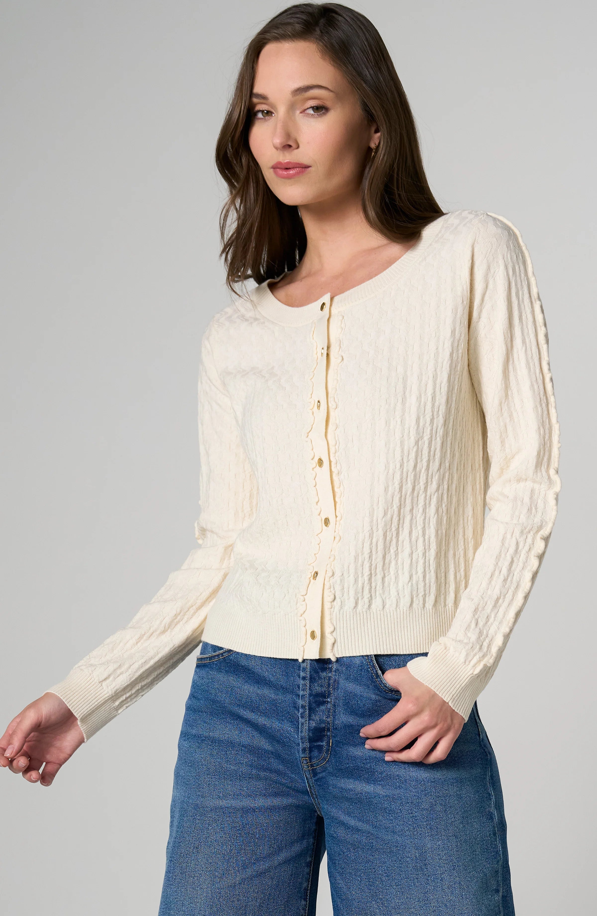 Button Front Cardigan Sweater w/Ruffles
