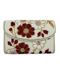Burgundy Floral with Rope Trim Beaded Clutch