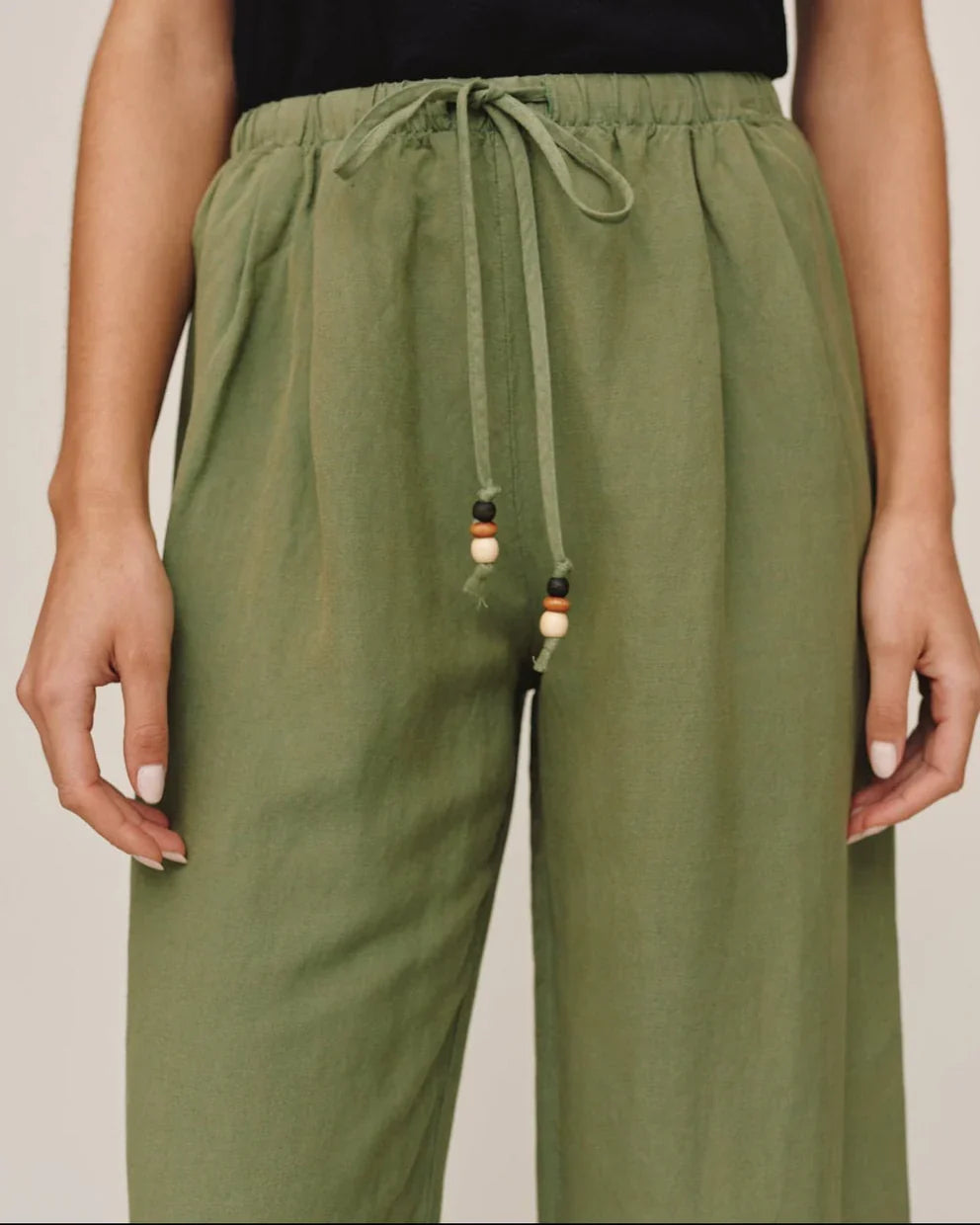 Beaded Drawstring Beach Pant - Olive Leaf