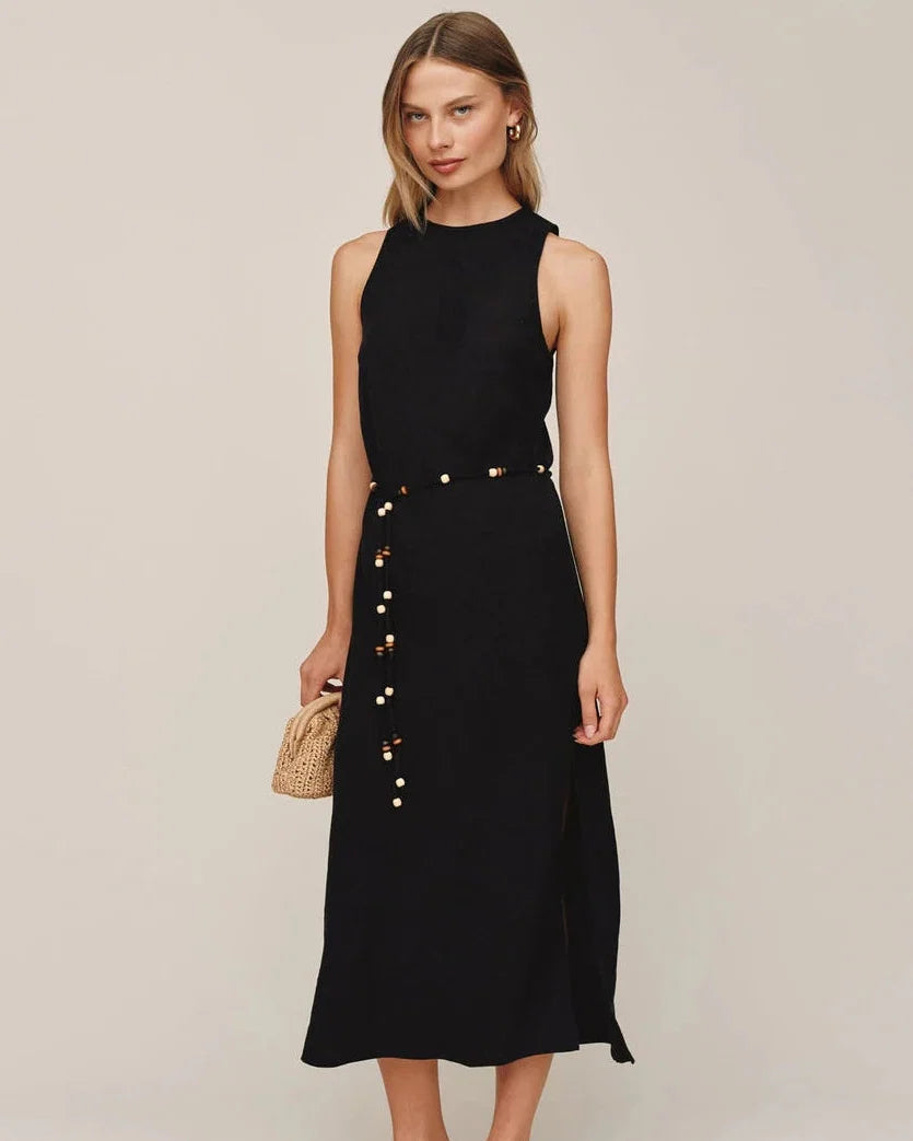 Bias Midi Dress With Beaded Belt - Black