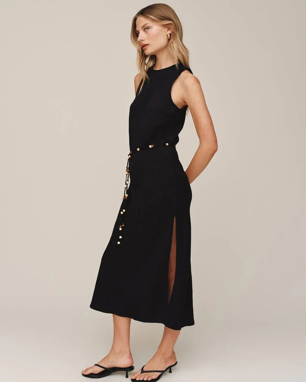 Bias Midi Dress With Beaded Belt - Black