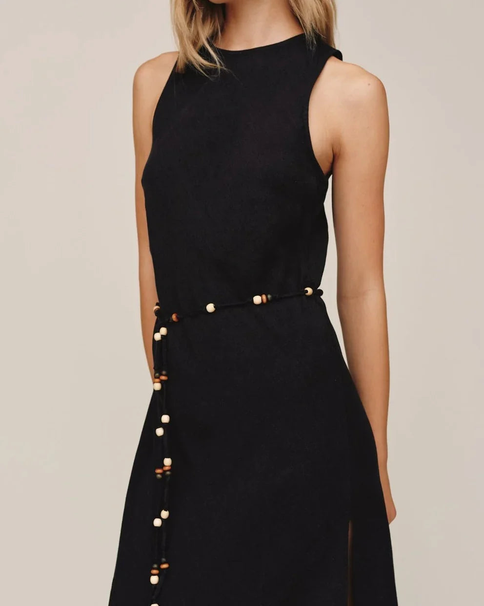 Bias Midi Dress With Beaded Belt - Black