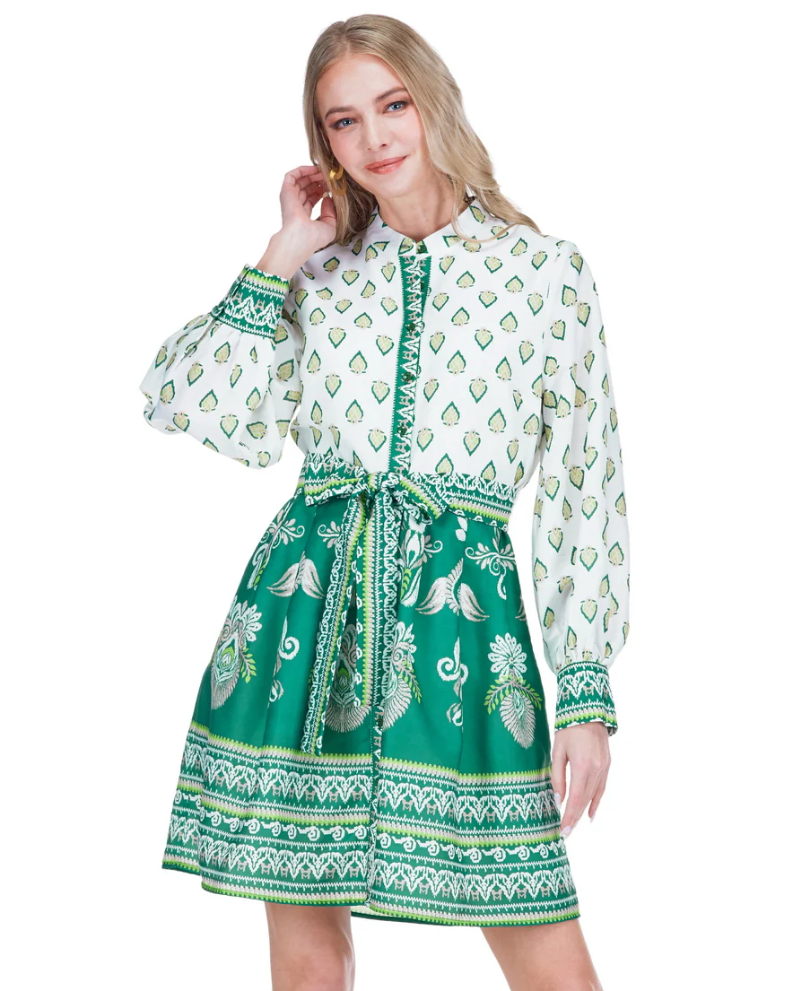 Contrast Button Dress - Fern Garden Border