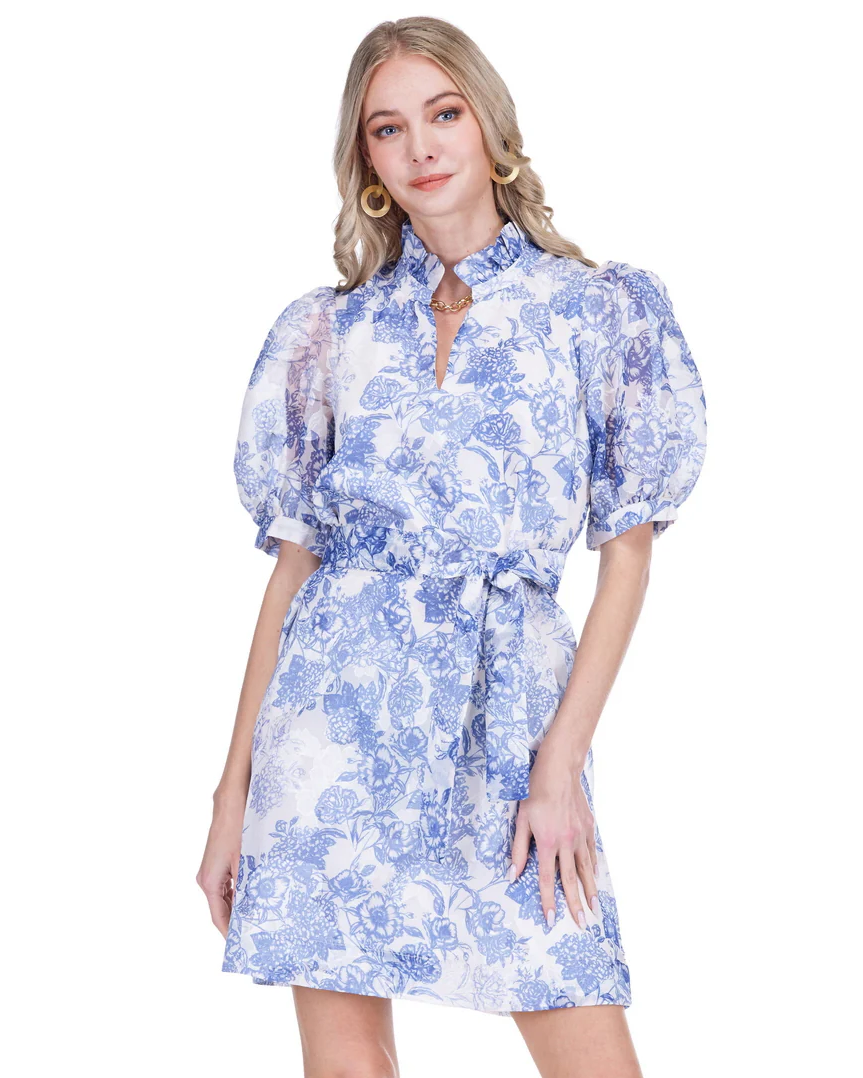 Collar Chemise Dress - Indigo Flower