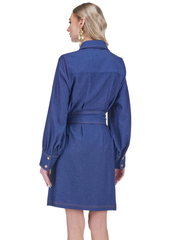 Collar Waist Pleated Shirtdress - Denim