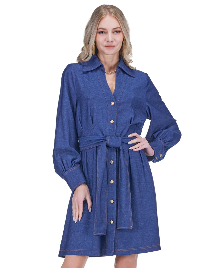Collar Waist Pleated Shirtdress - Denim
