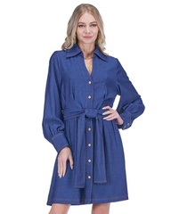 Collar Waist Pleated Shirtdress - Denim