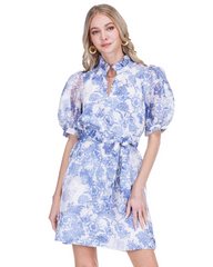 Collar Chemise Dress - Indigo Flower