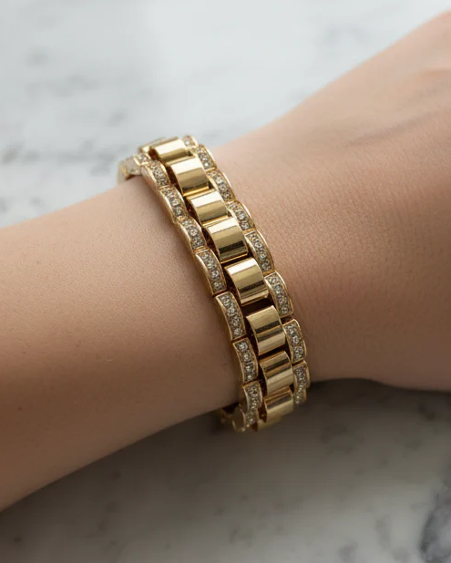 Chunky CZ Watch Link Bracelet - Gold